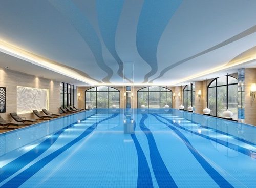 Captivating-Indoor-Swimming-Pool-Design-Rendered-Walls-And-Windows-which-Also-Has-Soft-Blue-Floor-and-Dark-Blue-Stripes-Pattrn
